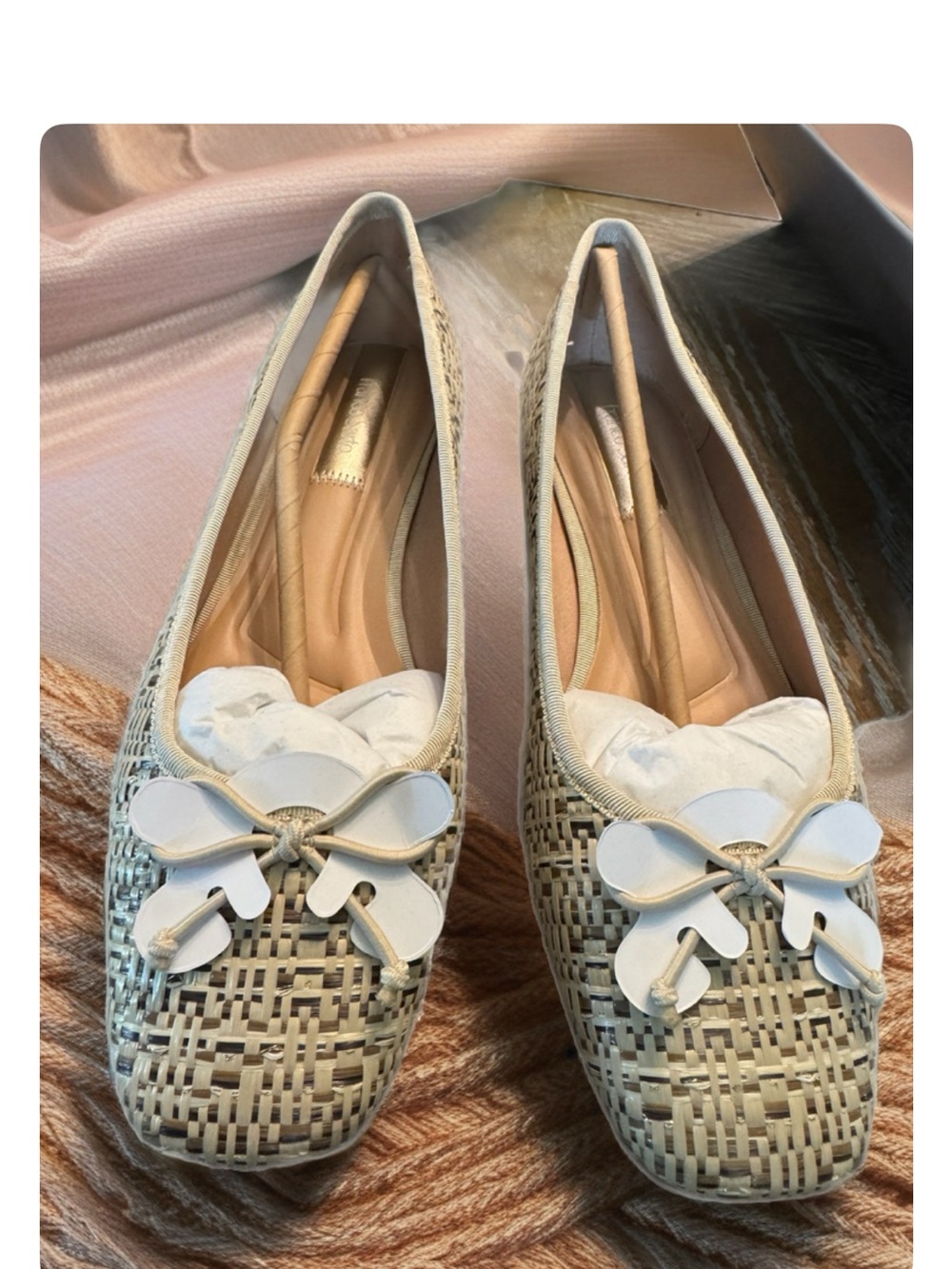 Franco Sarto Cream Woven Ballet Flats with Bow Accent
